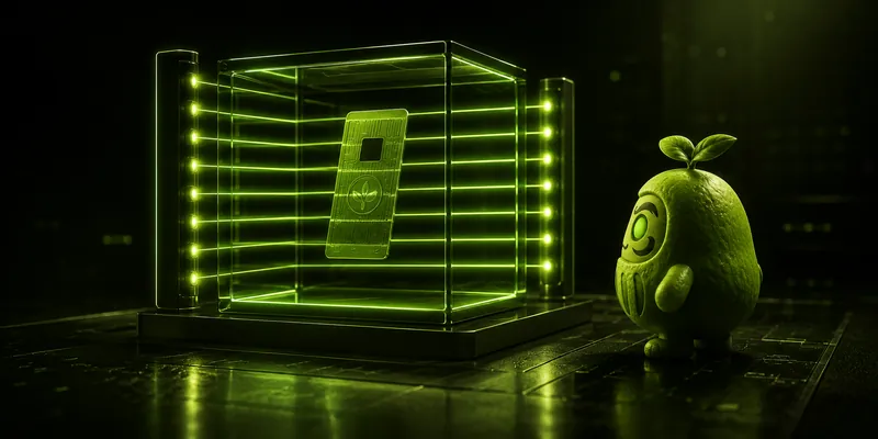 A glowing keycard held inside a secure glass case, the Wasabi mascot standing alongside