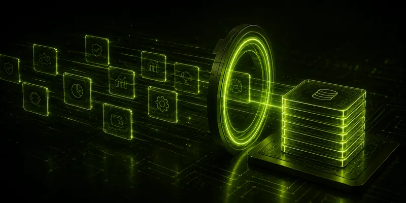 Tiles streaming through a ring of light and landing as one neat stack