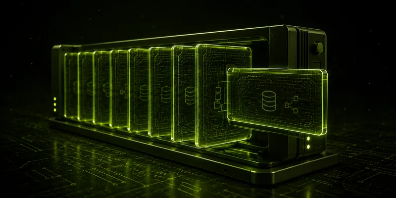 A long row of glowing glass plates receding into the dark, one drawn partly out