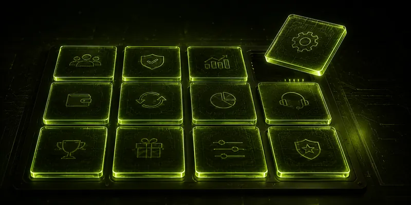 A grid of glowing panels with one lifted clear of the others
