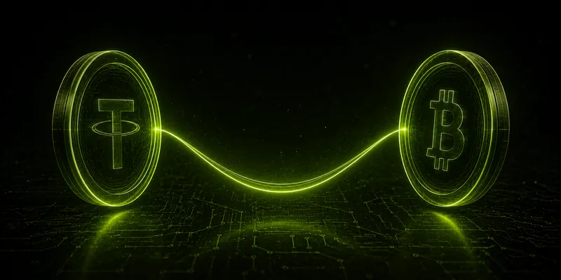 Two coins standing on edge, joined by a single arc of light