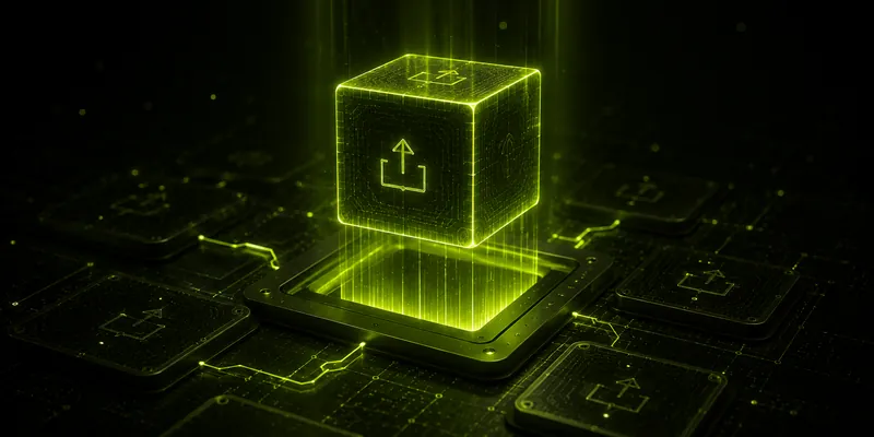 A glowing cube dropping into its socket in a dark grid