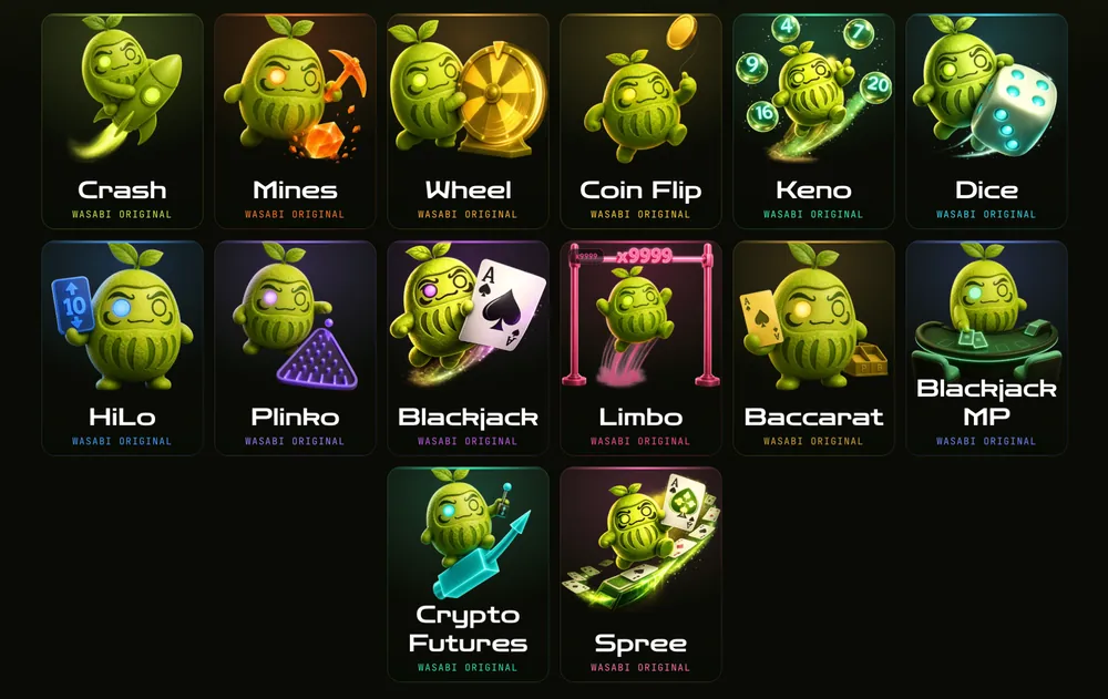 The Wasabi originals line-up: Crash, Mines, Wheel, Coin Flip, Keno, Dice, HiLo, Plinko, Blackjack, Limbo, Baccarat, Blackjack MP, Crypto Futures and Spree